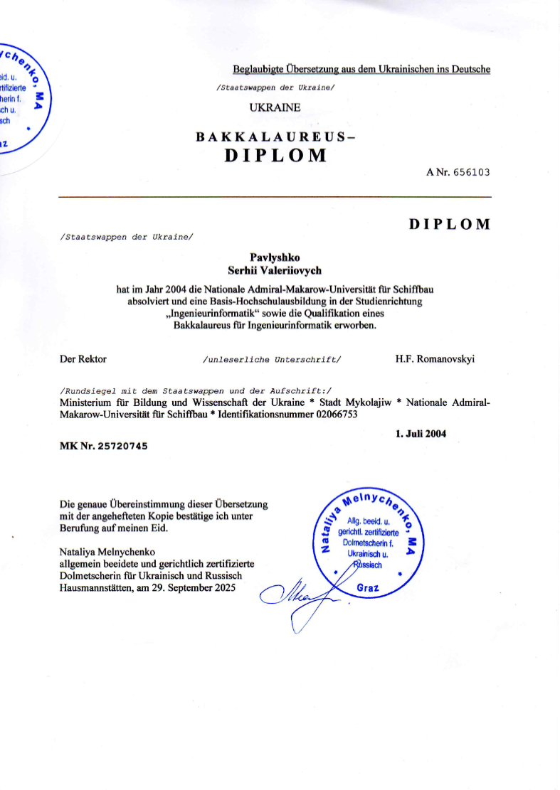 Bakkalaureus DIPLOM, Ingenieurinformatik, übersetzt