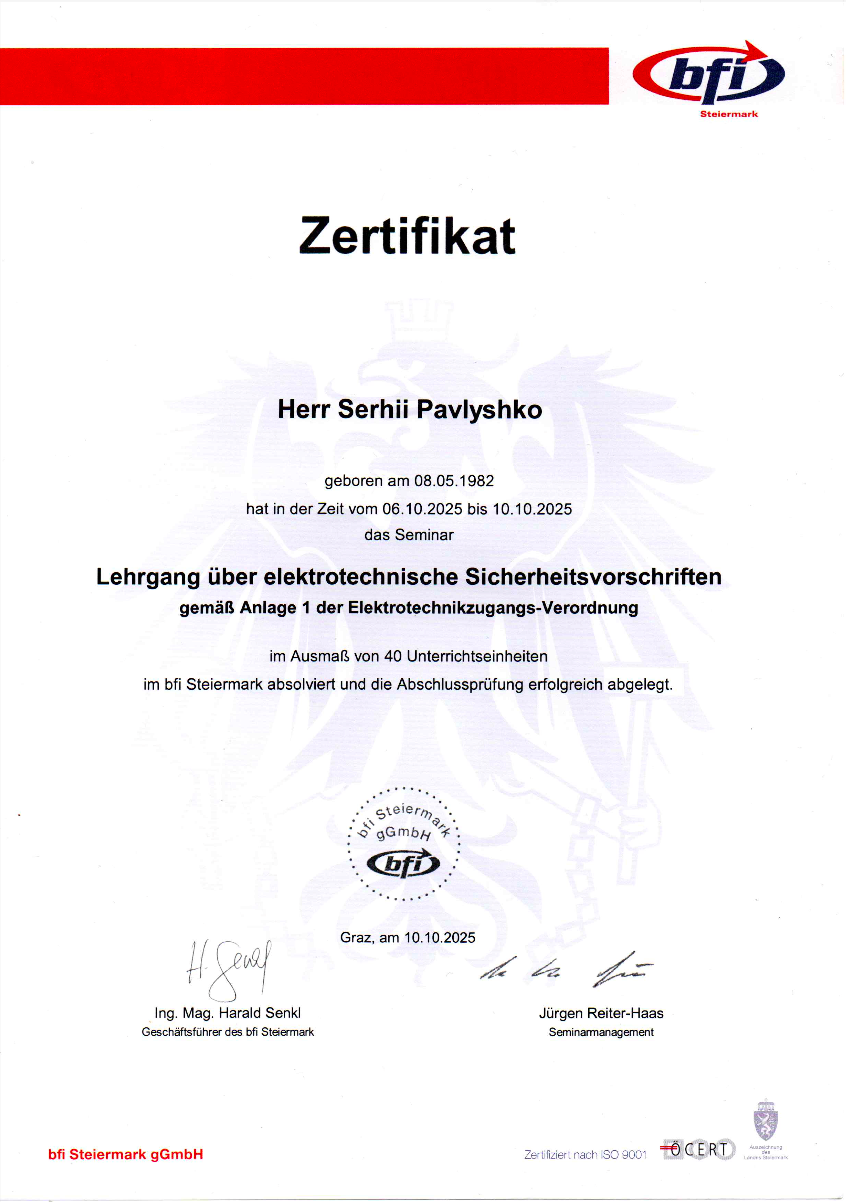 Zertifikat, Lehrgang über elektrotechnische Sicherheitsvorschriften 