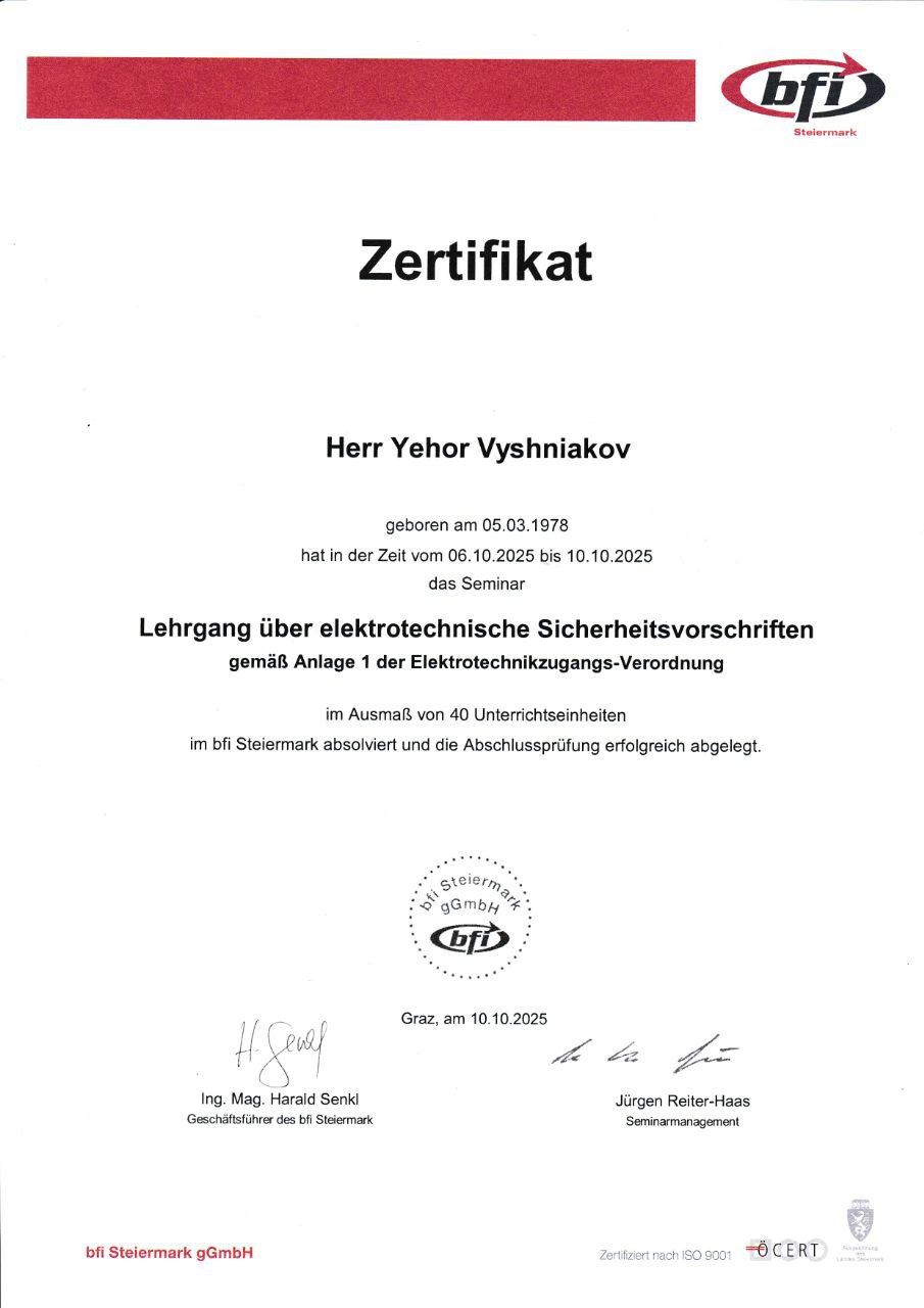Zertifikat, Lehrgang über elektrotechnische Sicherheitsvorschriften